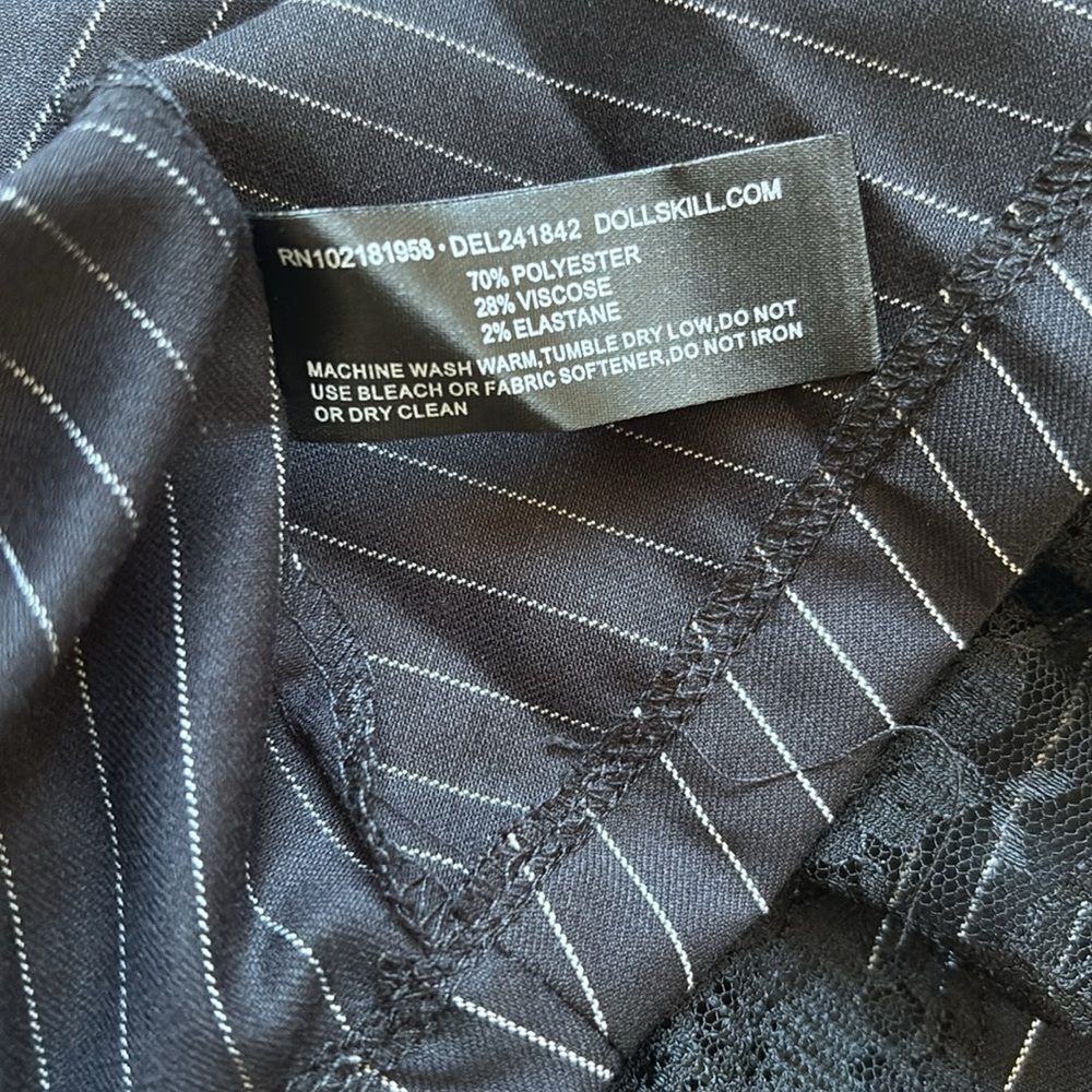 dELiA*s x Dolls Kill Black & White Pinstripe Ruffle Trim Mini Skirt Side Buttons - Picture 5 of 6
